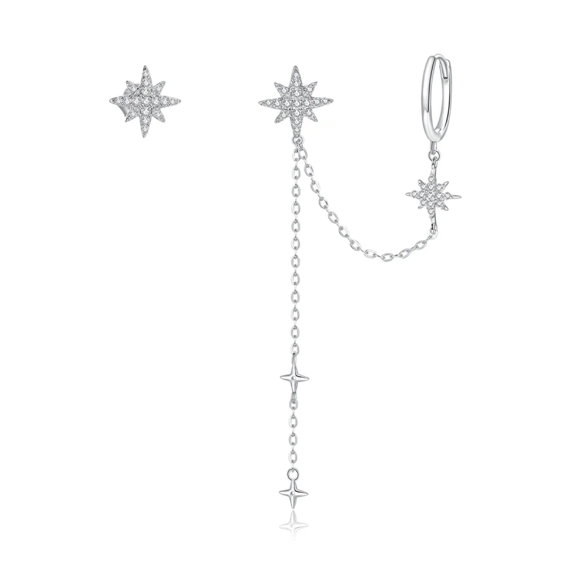 (image for) Pandora Style Silver Shining Stars Dangle Earrings - BSE433 - Product Image