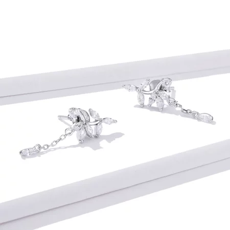 Pandora Style Silver Shiny Flower Dangle Earrings - BSE350