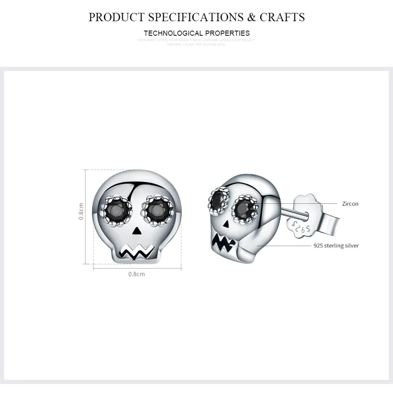 (image for) Pandora Style Silver Skull Stud Earrings - SCE064 - View 2