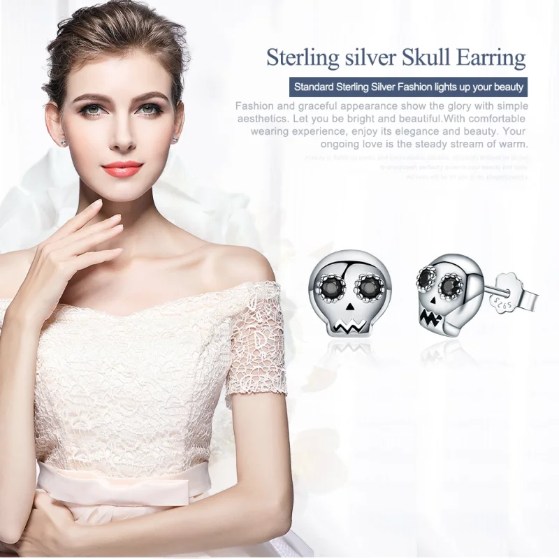 (image for) Pandora Style Silver Skull Stud Earrings - SCE064 - View 3
