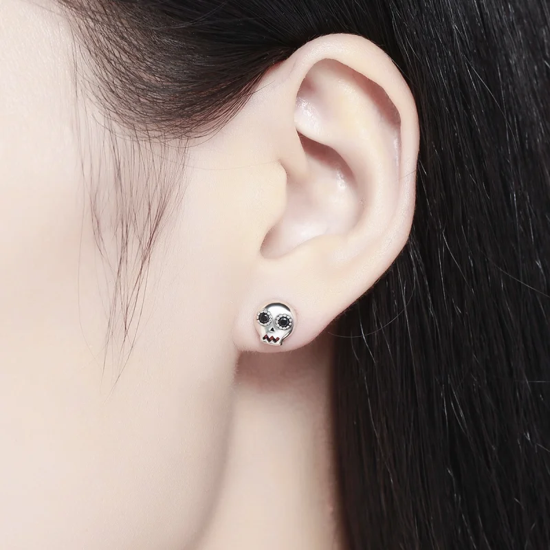 (image for) Pandora Style Silver Skull Stud Earrings - SCE064 - View 7