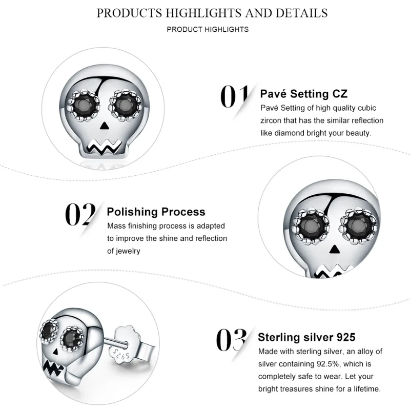 (image for) Pandora Style Silver Skull Stud Earrings - SCE064 - View 8