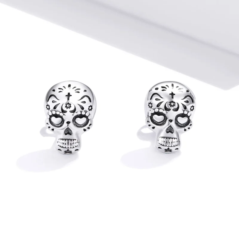 (image for) Pandora Style Silver Skull Stud Earrings - SCE953 - View 2