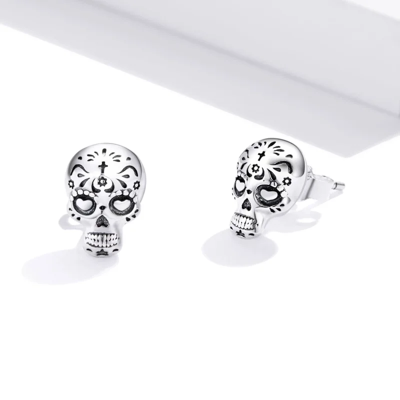 (image for) Pandora Style Silver Skull Stud Earrings - SCE953 - View 3
