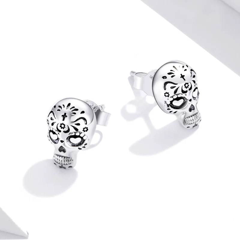 (image for) Pandora Style Silver Skull Stud Earrings - SCE953 - View 4