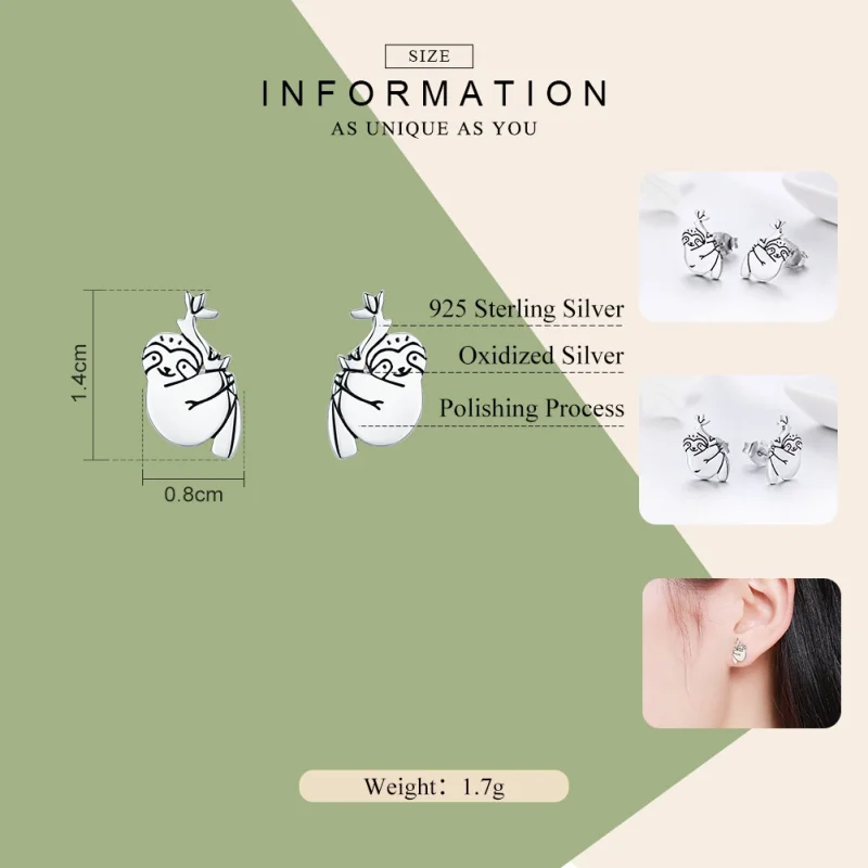 (image for) Pandora Style Silver Sloth Stud Earrings - SCE327 - View 3