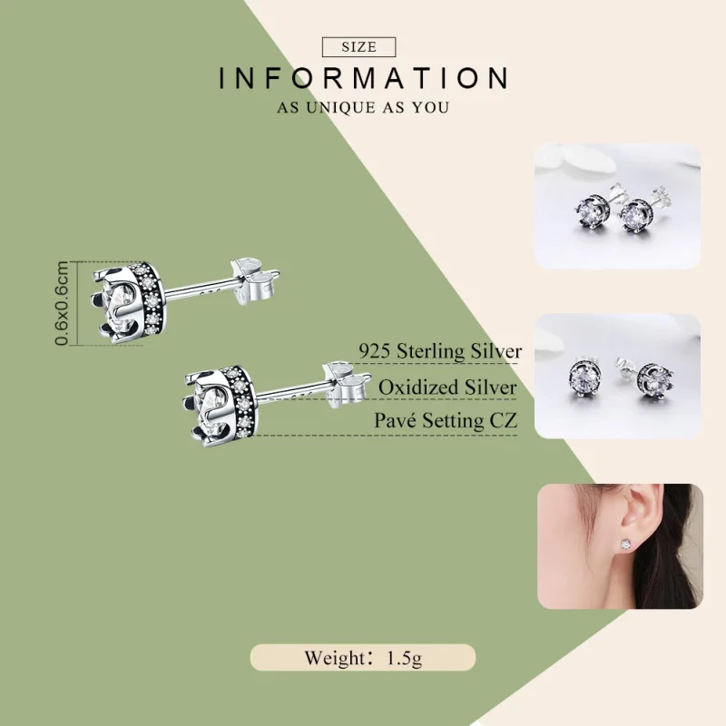 (image for) Pandora Style Silver Sparkly Crown Stud Earrings - SCE311 - View 4