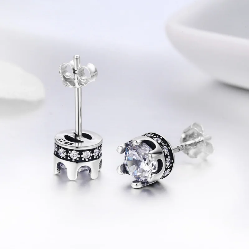 (image for) Pandora Style Silver Sparkly Crown Stud Earrings - SCE311 - View 5