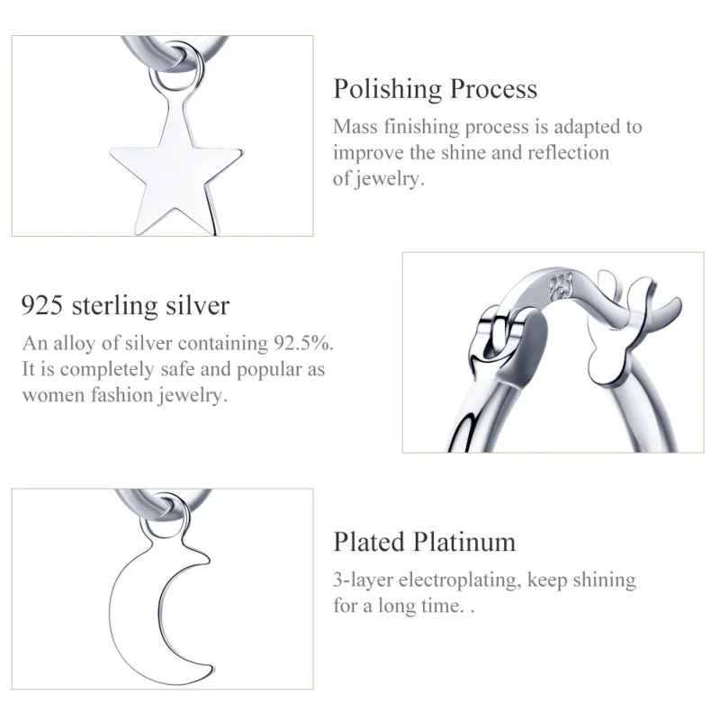 (image for) Pandora Style Silver Star and Moon Asymmetry Hanging Earrings - SCE681 - View 3