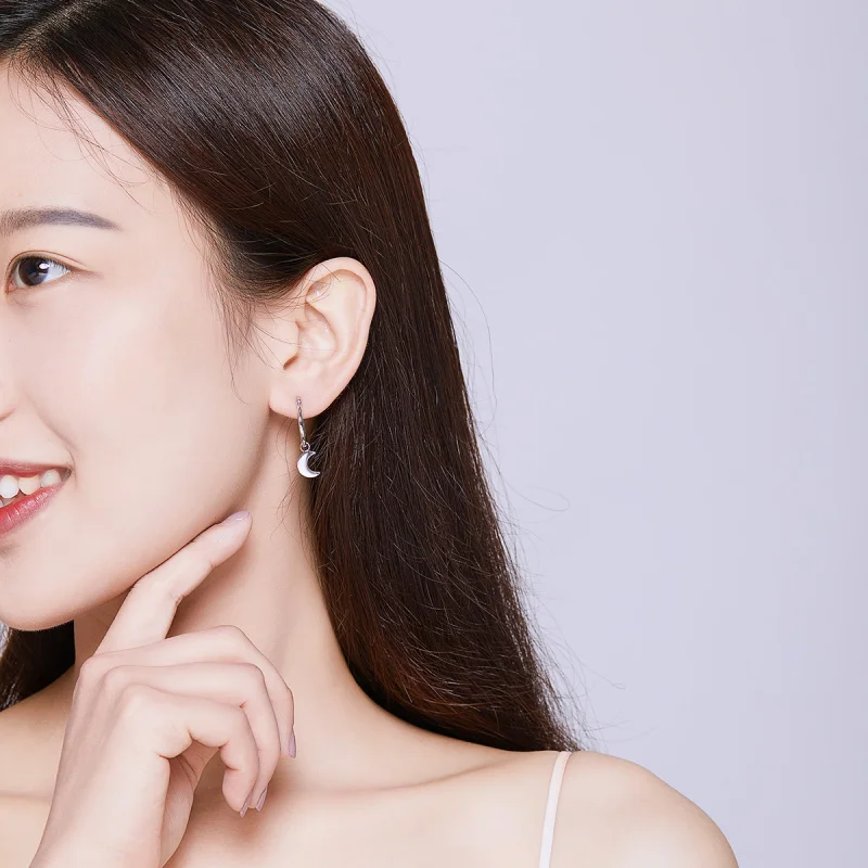 (image for) Pandora Style Silver Star and Moon Asymmetry Hanging Earrings - SCE681 - View 5