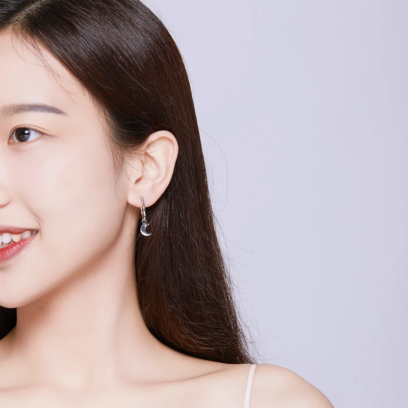 (image for) Pandora Style Silver Star and Moon Asymmetry Hanging Earrings - SCE681 - View 7