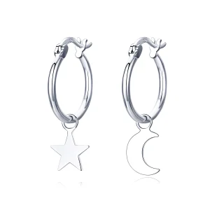 (image for) Pandora Style Silver Star and Moon Asymmetry Hanging Earrings - SCE681
