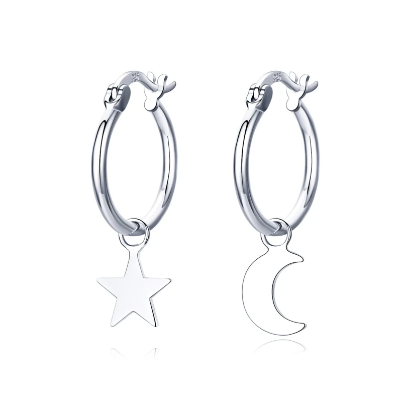 (image for) Pandora Style Silver Star and Moon Asymmetry Hanging Earrings - SCE681 - Product Image