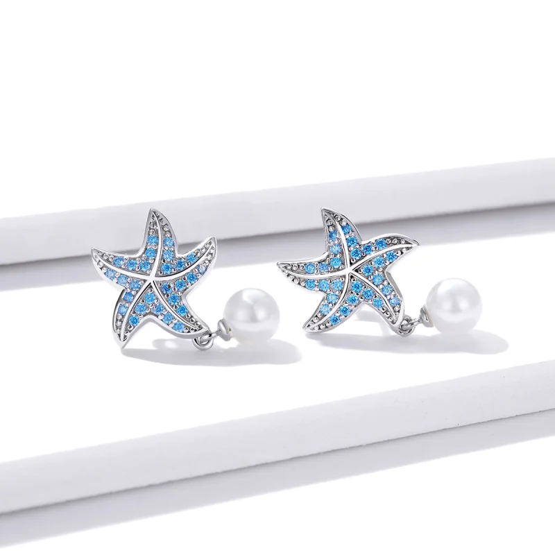 (image for) Pandora Style Silver Starfish With Pearls Stud Earrings - BSE405 - View 2