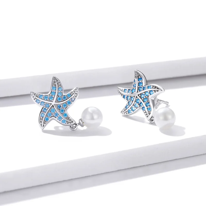 (image for) Pandora Style Silver Starfish With Pearls Stud Earrings - BSE405 - View 3