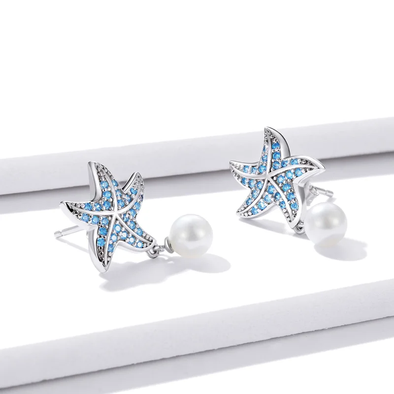 (image for) Pandora Style Silver Starfish With Pearls Stud Earrings - BSE405 - View 4