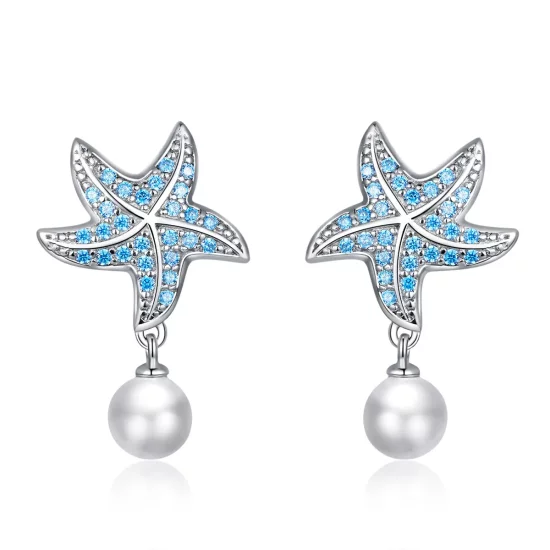 Pandora Style Silver Starfish With Pearls Stud Earrings - BSE405