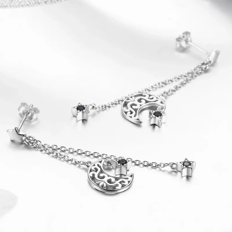 (image for) Pandora Style Silver Starlight Moon Hanging Earrings - SCE528 - View 4