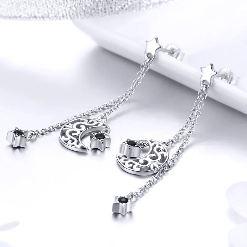 (image for) Pandora Style Silver Starlight Moon Hanging Earrings - SCE528 - View 5
