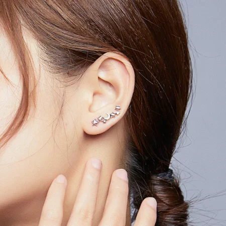 Pandora Style Silver Stars And Moon Stud Earrings - SCE926