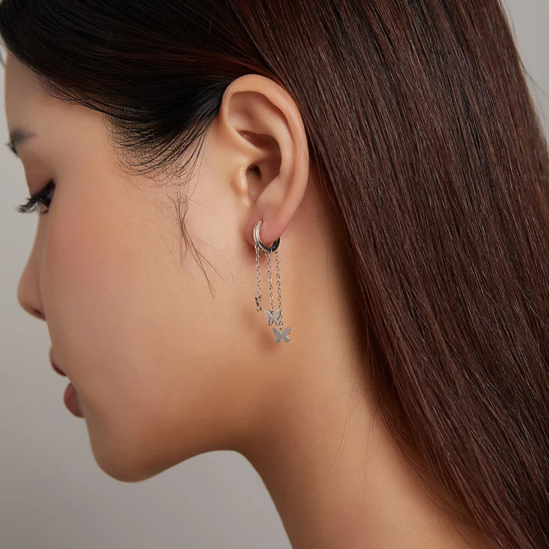 (image for) Pandora Style Silver Tassel Butterfly Dangle Earrings - SCE1173 - View 7