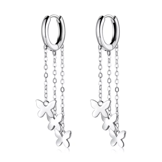 Pandora Style Silver Tassel Butterfly Dangle Earrings - SCE1173