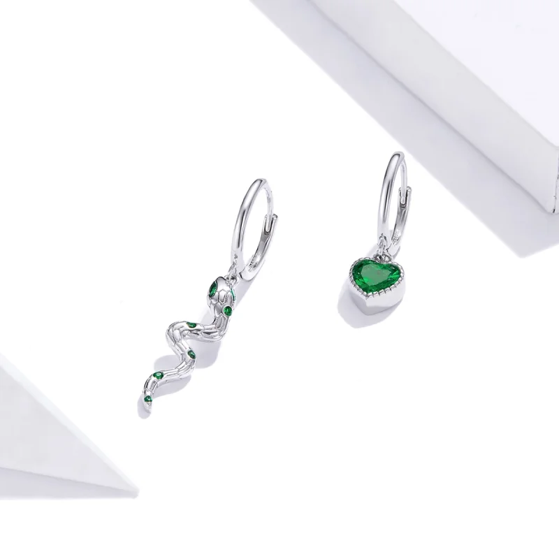 (image for) Pandora Style Silver The Love of The Snake & Green Heart Dangle Earrings - SCE10 - View 2