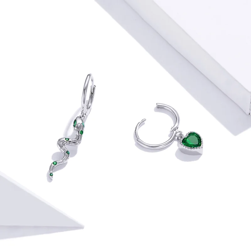 (image for) Pandora Style Silver The Love of The Snake & Green Heart Dangle Earrings - SCE10 - View 4