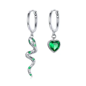 (image for) Pandora Style Silver The Love of The Snake & Green Heart Dangle Earrings - SCE1006