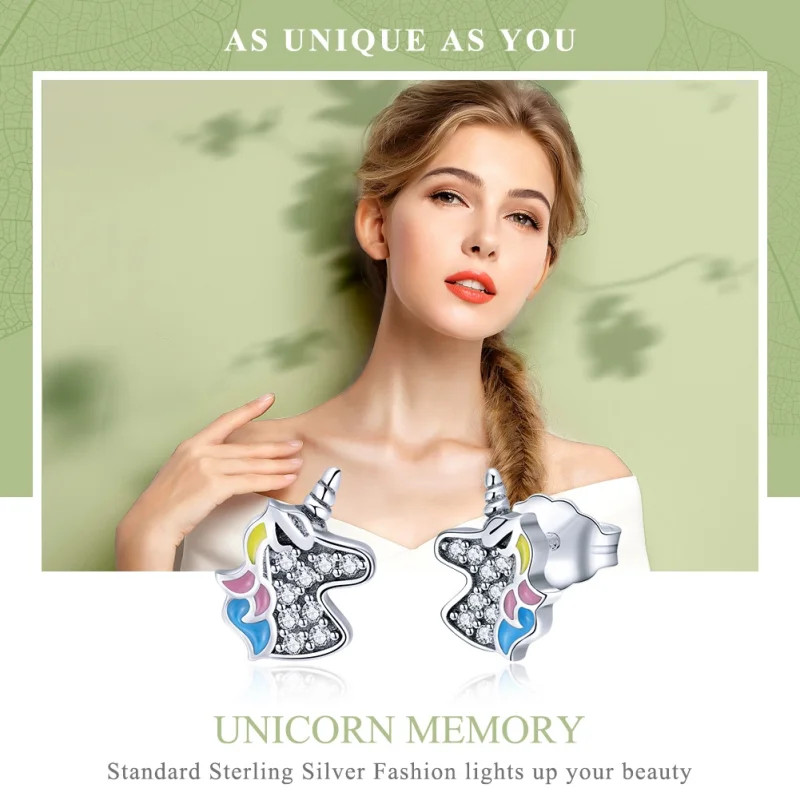 (image for) Pandora Style Silver Unicorn Memory Stud Earrings - SCE426 - View 2