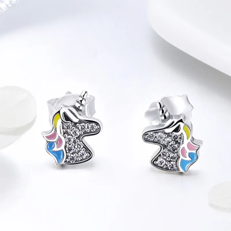 (image for) Pandora Style Silver Unicorn Memory Stud Earrings - SCE426 - View 5