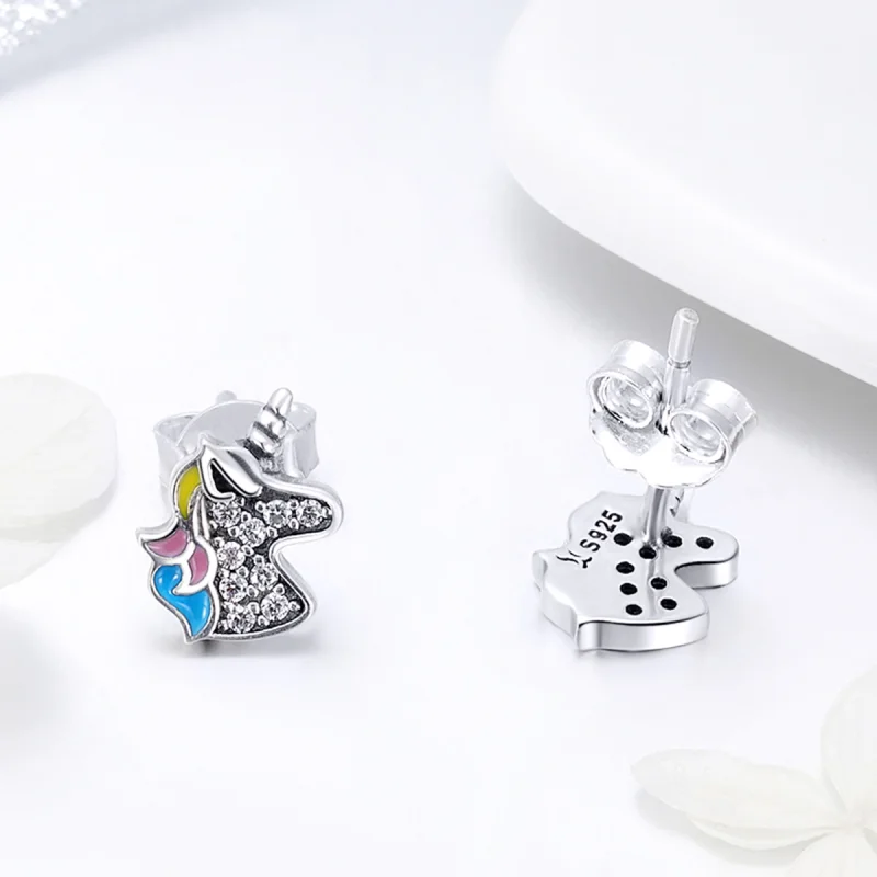 (image for) Pandora Style Silver Unicorn Memory Stud Earrings - SCE426 - View 6