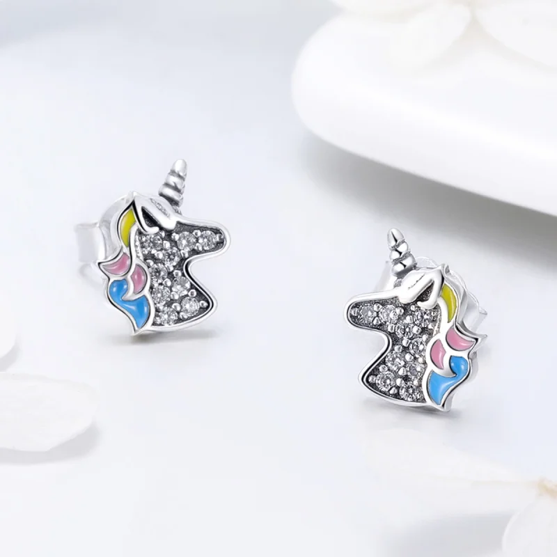(image for) Pandora Style Silver Unicorn Memory Stud Earrings - SCE426 - View 7