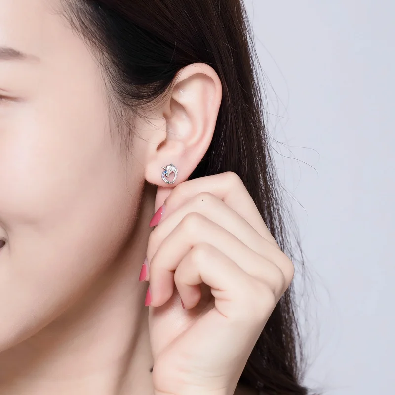 (image for) Pandora Style Silver Unicorn Stud Earrings - SCE611 - View 6