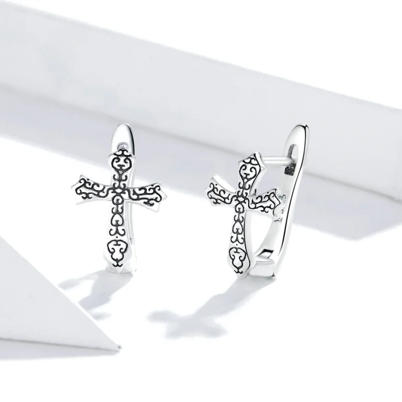 (image for) Pandora Style Silver Vine Cross Stud Earrings - SCE943 - View 2