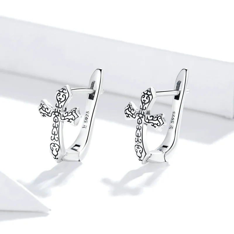(image for) Pandora Style Silver Vine Cross Stud Earrings - SCE943 - View 3