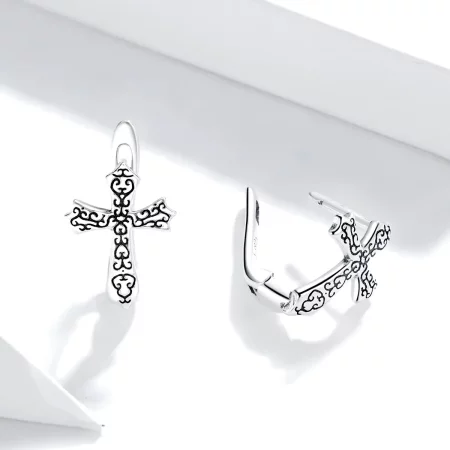 Pandora Style Silver Vine Cross Stud Earrings - SCE943