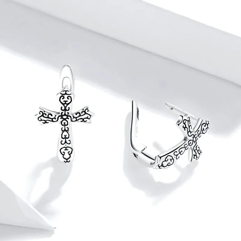 (image for) Pandora Style Silver Vine Cross Stud Earrings - SCE943 - View 4