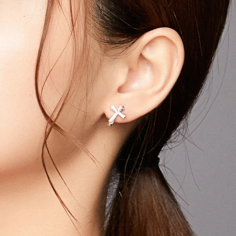 (image for) Pandora Style Silver Vine Cross Stud Earrings - SCE943 - View 6