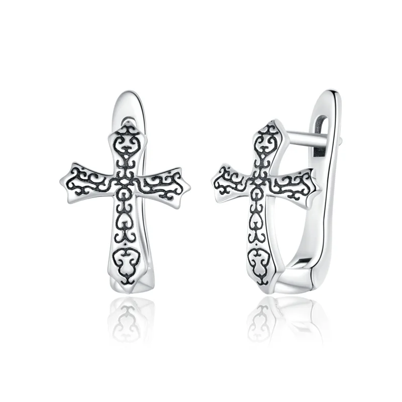 (image for) Pandora Style Silver Vine Cross Stud Earrings - SCE943 - Product Image