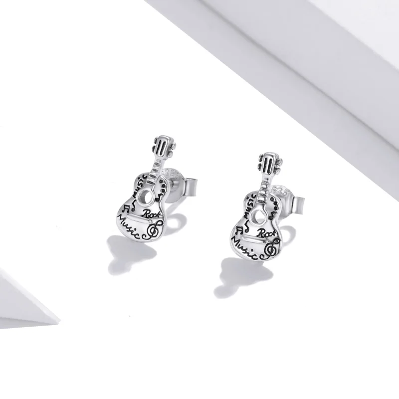 (image for) Pandora Style Silver Vintage Guitar Stud Earrings - SCE1155 - View 2