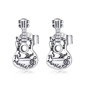 (image for) Pandora Style Silver Vintage Guitar Stud Earrings - SCE1155