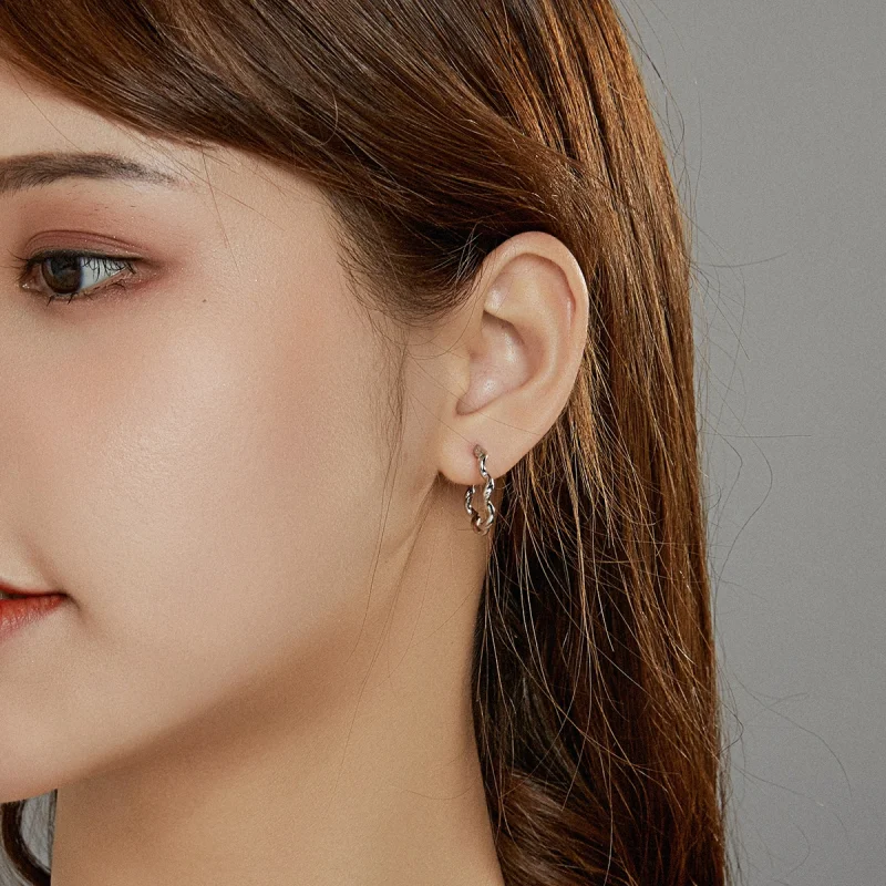 (image for) Pandora Style Silver Wave Hoop Earrings - SCE976 - View 5