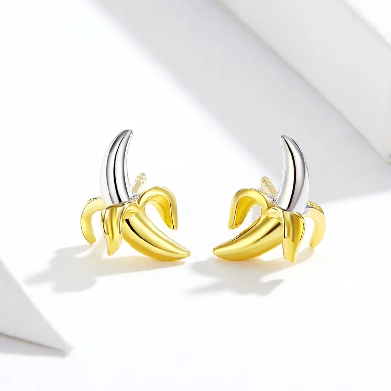 (image for) Pandora Style Two Tone Bicolor Cute Playful Banana Stud Earrings - SCE731 - View 2