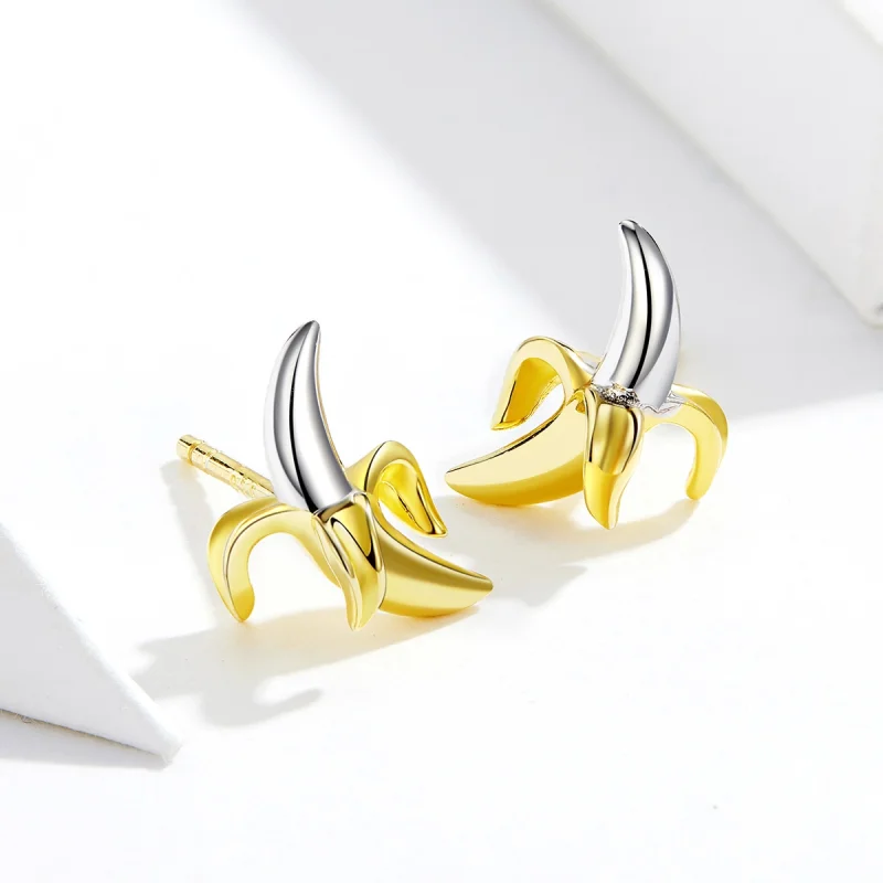 (image for) Pandora Style Two Tone Bicolor Cute Playful Banana Stud Earrings - SCE731 - View 4