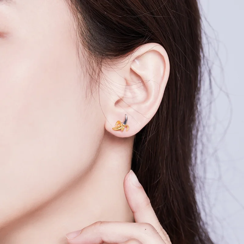 (image for) Pandora Style Two Tone Bicolor Cute Playful Banana Stud Earrings - SCE731 - View 5