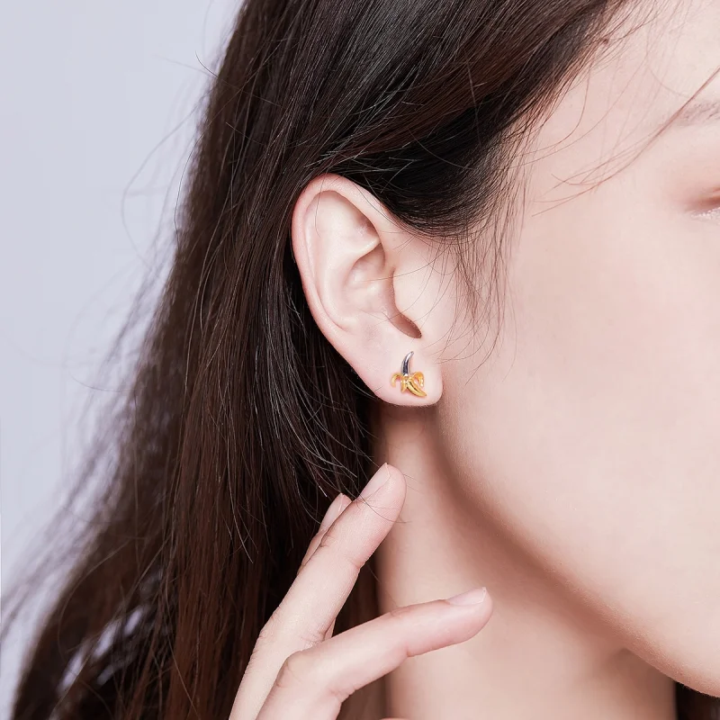 (image for) Pandora Style Two Tone Bicolor Cute Playful Banana Stud Earrings - SCE731 - View 7