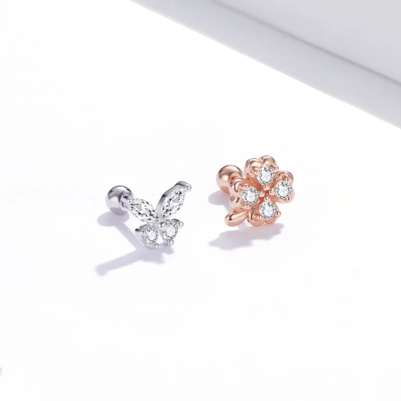 (image for) Pandora Style Two Tone Bicolor Lucky Grass And Butterflies Stud Earrings - SCE10 - View 2