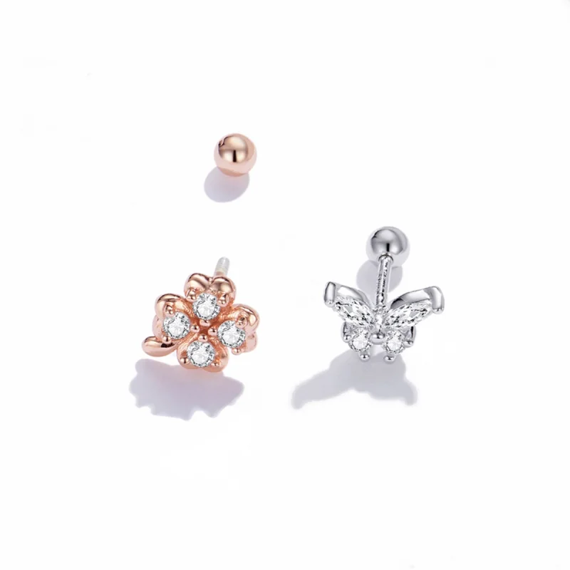(image for) Pandora Style Two Tone Bicolor Lucky Grass And Butterflies Stud Earrings - SCE10 - View 4