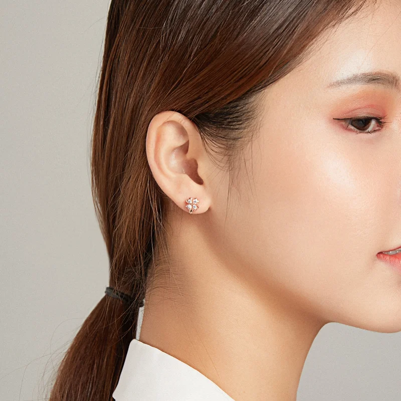 (image for) Pandora Style Two Tone Bicolor Lucky Grass And Butterflies Stud Earrings - SCE10 - View 5